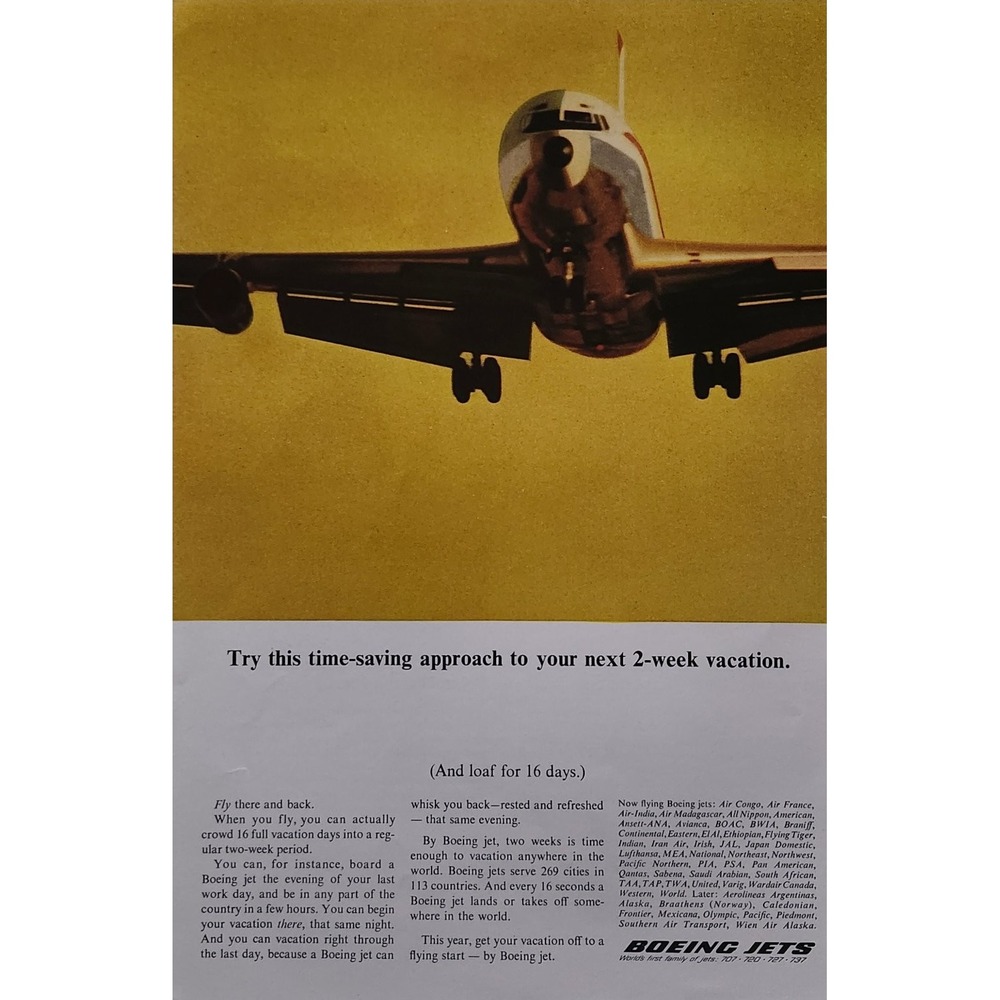 Boeing Jets Magazine Ad 1966 Vintage Airplane Aviation Print Art MCM Yellow